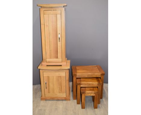 Contemporary solid oak cupboards, one with cubby holes within W39 x D26 x H94cm, the other with shelf W50 x D39 x H60cm and a