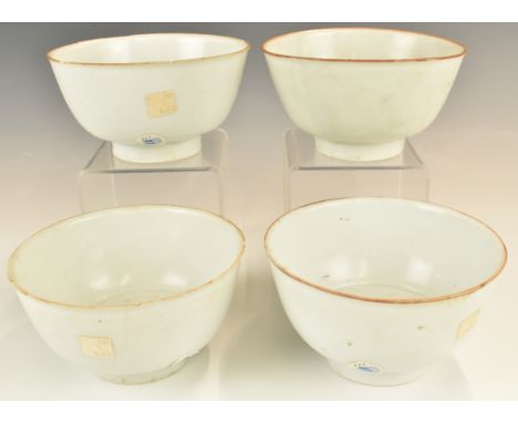 Four&nbsp;Chinese Kangxi period pedestal bowls with ivory / celadon glaze, from the Vung Tau Cargo, some with original Christ