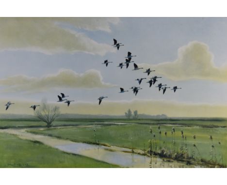 Peter Scott (1909-1989) signed print of geese in flight, 38 x 55cm, in oak frame