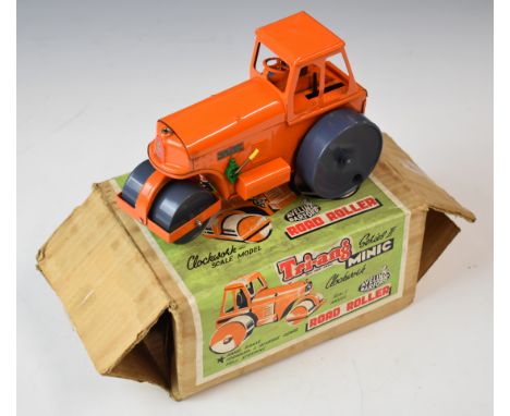 Tri-ang Minic Series II clockwork tinplate Aveling Barford Diesel Road Roller with orange body and grey hubs, in original box