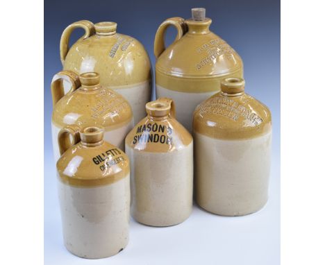 Six stoneware flagons including Shergold &amp; Kimber, Gilletts Cirencester, Bateman Stroud, Mason's Swindon, Karn of Glouces