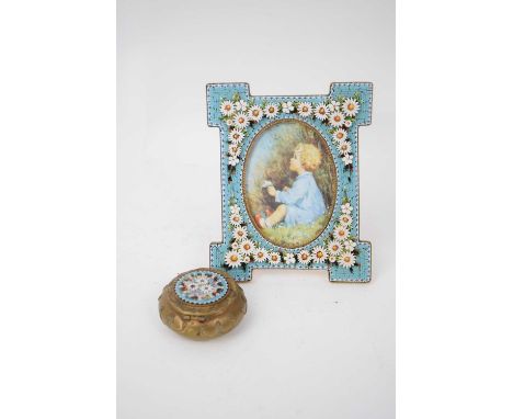 Small photo frame with enamel backing and floral design, together with a further small box