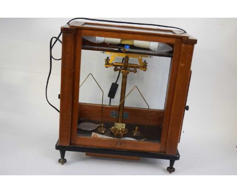Cased chemists precision scales bearing label Stanton Instruments Ltd and marked to top Model CB3, 56cm high