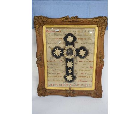 An unusual early 20th century needlework and mixed media picture with Psalm 73.23 written in German text with a central cruci