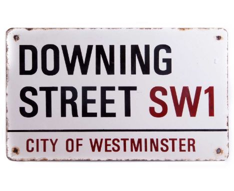 City of Westminster Downing Street sign in black and red lettering on white enamel background provenance from the estate of a