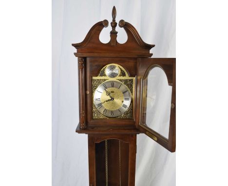 Reproduction grandmother clock in mahogany finish case with brass and silvered dial marked 'Tempus Fugit', 185cm high