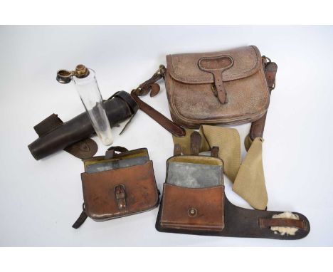 Small leather satchel marked 'RAF' together with further cavalry type equipment including a glass flask with white metal top 