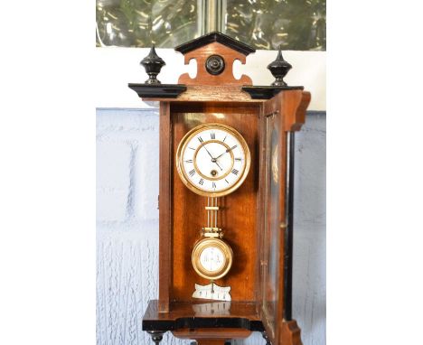 Unusual late 19th century miniature Vienna wall clock with mahogany and ebonised case, enamelled dial to a brass single train