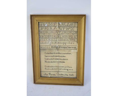 19th century needlework sampler with fine clear stitch of rows of letters, numbers and religious texts marked 'Catch then, oh