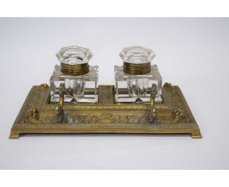 Brass inkwell with two glass liners, 25cm long