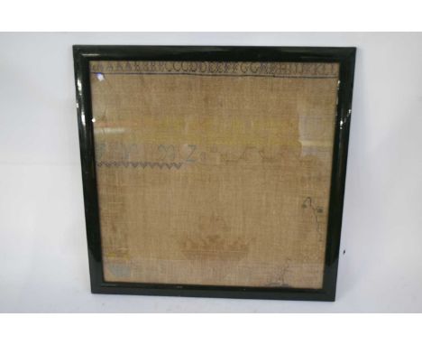 Large 19th century needlework sampler decorated with rows of letters and vases of flowers set into a green frame, 45cm high