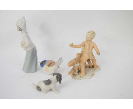 Quantity of Royal Copenhagen wares including a puppy and bird and further German porcelain model of children and a Lladro mod