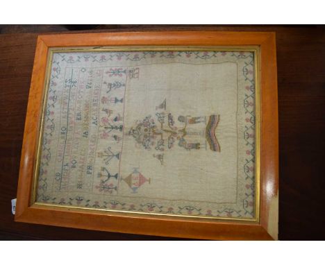 19th century needlework sampler decorated with rows of numbers and letters and a depiction of Adam and Eve under a tree, appa