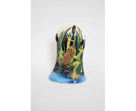Moorcroft model of a frog on blue oval base by Emma Bossons, 14cm high