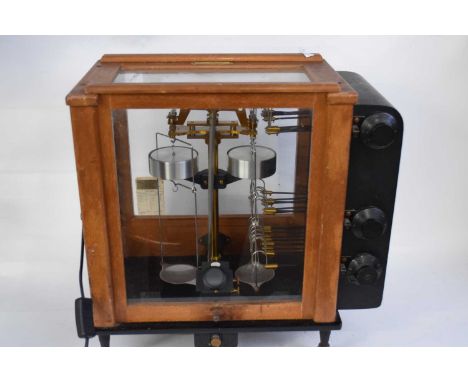Cased chemists precision scales bearing label Santon Instruments London, model BAF, 58cm high