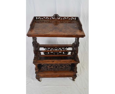 Victorian walnut veneered combination Canterbury type magazine rack with galleried over shelf, decorated with fretwork panels