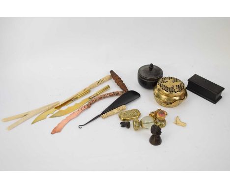 Quantity of flat wares including two trench art paper openers, bone pair of scissors, bone and treen items (qty)