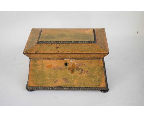 Unusual 19th century tea caddy with sarcophagus formed body decorated with printed and lacquered detail of figures, country h