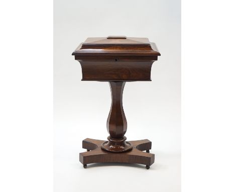 A William IV rosewood work table with caddy top on quatre form base, 78cm high x 48.5cm wide x 41cm deep