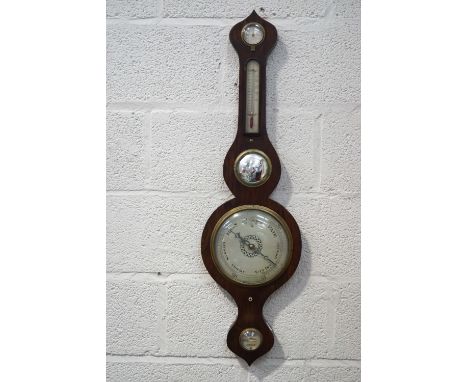 A 19th century rosewood cased banjo barometer, Dry/Damp dial above a convex mirror and a 'Warranted Correct' spirit level, 94