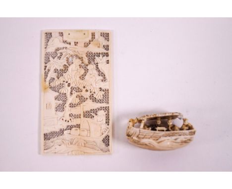 An early 20th century Chinese ivory panel, carved and pierced with figures in a landscape, 9cm x 5cm, and an ivory netsuke, c