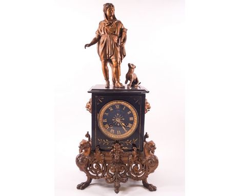 A French black marble and bronzed mantel clock with eight day movement, signed Cediey Pere & Fils to the dial, the case surmo