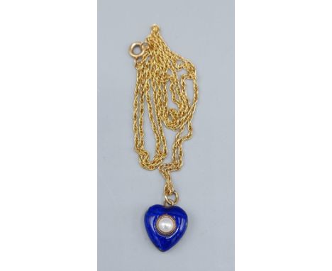 A blue enamel and Pearl set pendant locket in the form of a heart with 9ct gold chain, 6gms