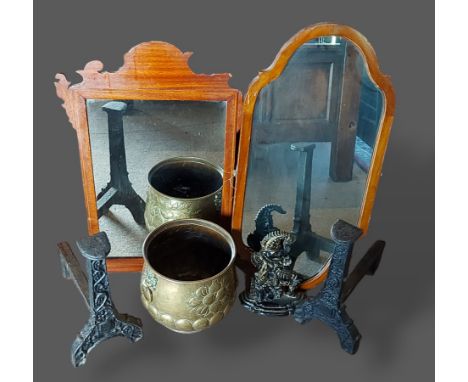 A Chippendale style wall mirror together with another mirror, a pair of andirons, a brass jardiniere and a doorstop in the fo