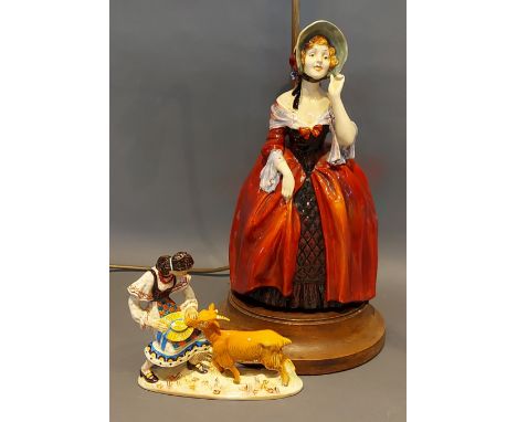 A large Royal Doulton figure Marjorie HN1413 table lamp together with a Beswick figure with Goat 