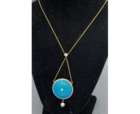 A 9ct gold necklace with blue enamel pendant with central Pearl above a drop Pearl 