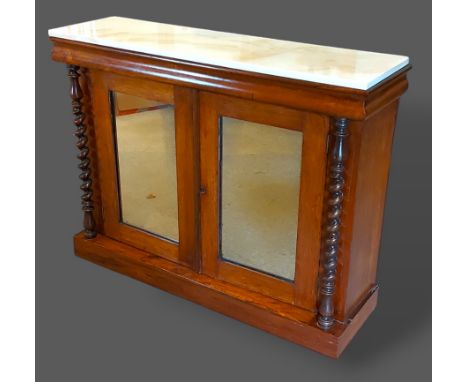 A 19th Century Chiffonier, the marble top above two mirrored doors flanked by spiral columns raised upon a plinth, 117cms wid
