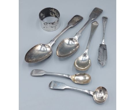 A pair of William IV silver dessert spoons, London 1832 together with three silver spoons, a silver butter knife and a silver