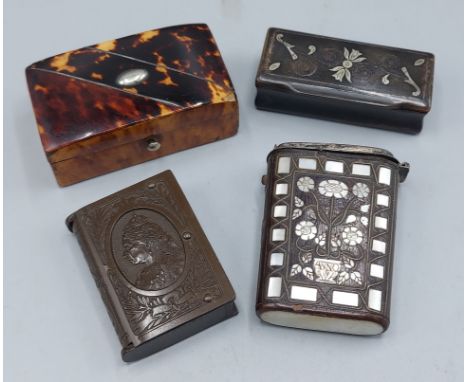 A M.O.P. inlaid Etui together with a miniature Tortoiseshell casket, a lacquered vesta case and a snuff box