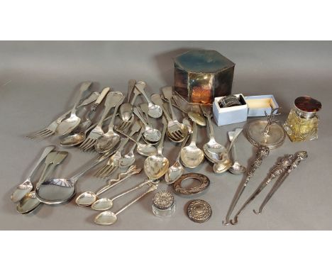 A Birmingham silver ring tree together with a silver and tortoise shell topped dressing table bottle, thee silver handles but