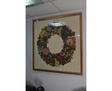 Large Framed Woolwork Tapestry - Floral Wreath 88cm x 90cm 
