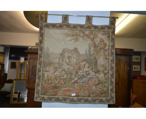 Needlework Tapestry Wall Hanging - Country Scene with Farming Family 