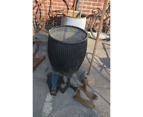 Painted Galvanised Metal Dolly Tub and Contents of a Hopper and Shoe Lasts 