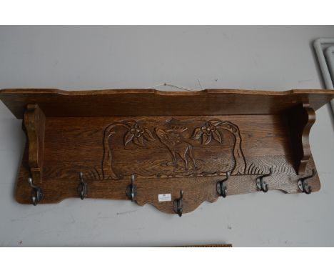 Carved Oak Wall Mounted Shelf Coat Hook with Stag Panel 