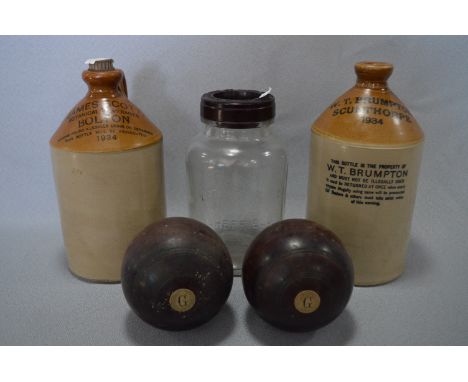 Two Stoneware Jars "Scunthorpe" and "Bolton", Pickle Jar and Two Bowling Balls 