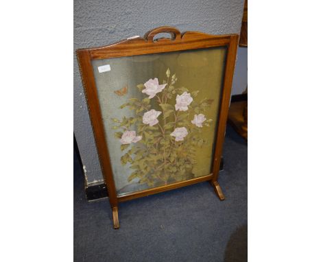 Mahogany Framed Fire Screen with Floral Painted Silk Panel 