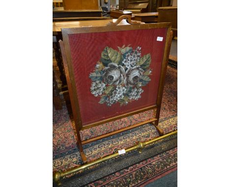 Oak Framed Firescreen with Wool and Bead Work Panel 