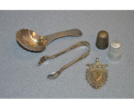 Bag of Small Silver Items; Caddy Spoon, Tongs, Thimbles, Fob - Approx 37g 