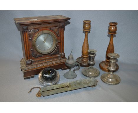 Carved Wood Cased Mantel Clock , Oak Candlesticks and Salter Spring Scales 
