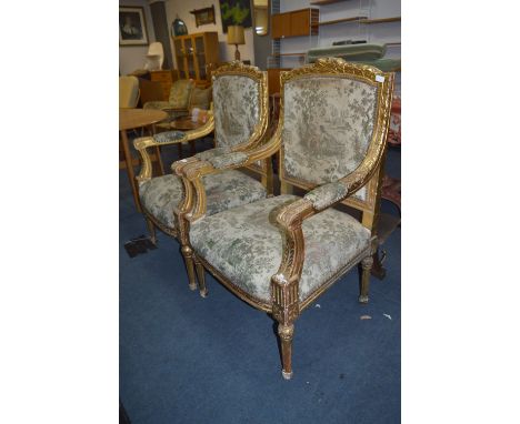 Pair of Gilt Painted Throne  Chairs with Tapestry Upholstery in French Style 
