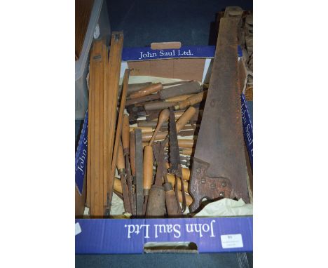 Box Containing Assorted Wood & Brass Carpentry Tools Including Chisels, Hand Saws, etc. 