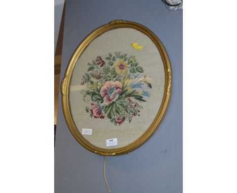 Oval Gilt Framed Woolwork Tapestry Picture - Floral 