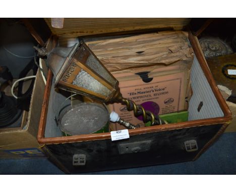 Black Canvas Leather Bound Trunk and Contents Including 78rpm Records, Brass Barley Twist Lamp and Grundels Paint Tin 