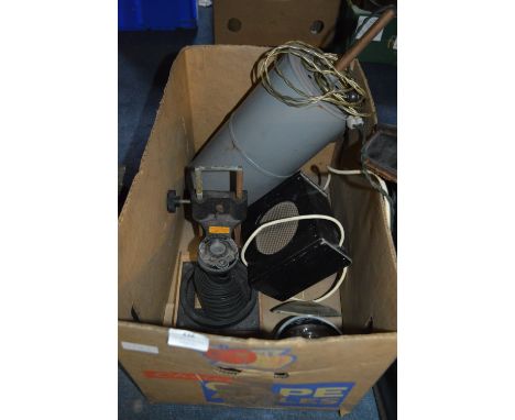 Box Containing Vintage Camera Equipment Including Studio Light, Enlarger and a Speaker 