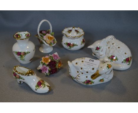 Selection of Royal Albert Country Roses Ornaments, Lidded Jar, Vase, etc. 