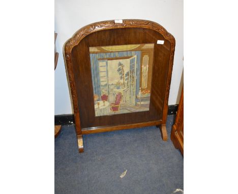 Carved Oak Framed Firescreen with Woolwork Tapestry Panel 